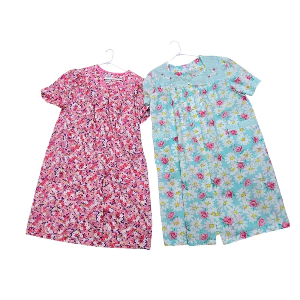 2 Vtg Bernette Floral House Dress Night Gowns Snap Closure Women's 1X Grannycore